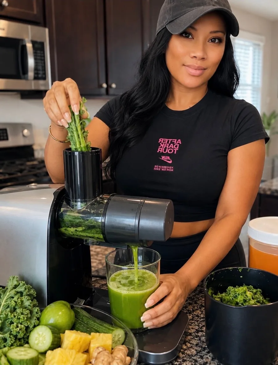 The founder feeding fresh kale into a cold-press juicer in a sunlit home kitchen, with cucumber, lime, pineapple and ginger on the counter