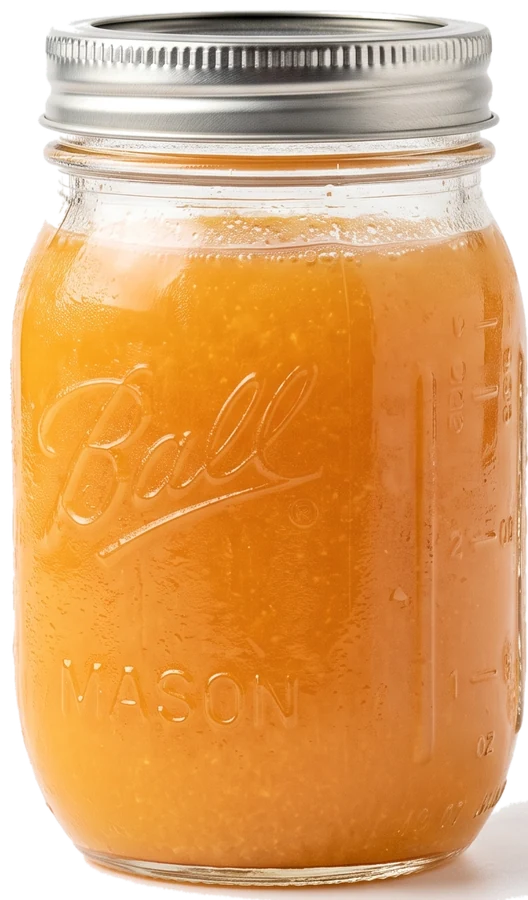 A sealed 16oz Ball mason jar of golden Golden Hour juice