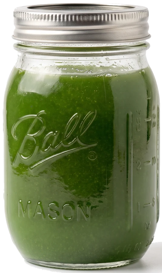 A sealed 16oz Ball mason jar of deep green Green Reset juice