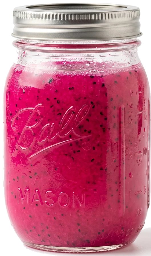 A sealed 16oz Ball mason jar of bright pink Pink Dragon juice, flecked with dragonfruit seeds